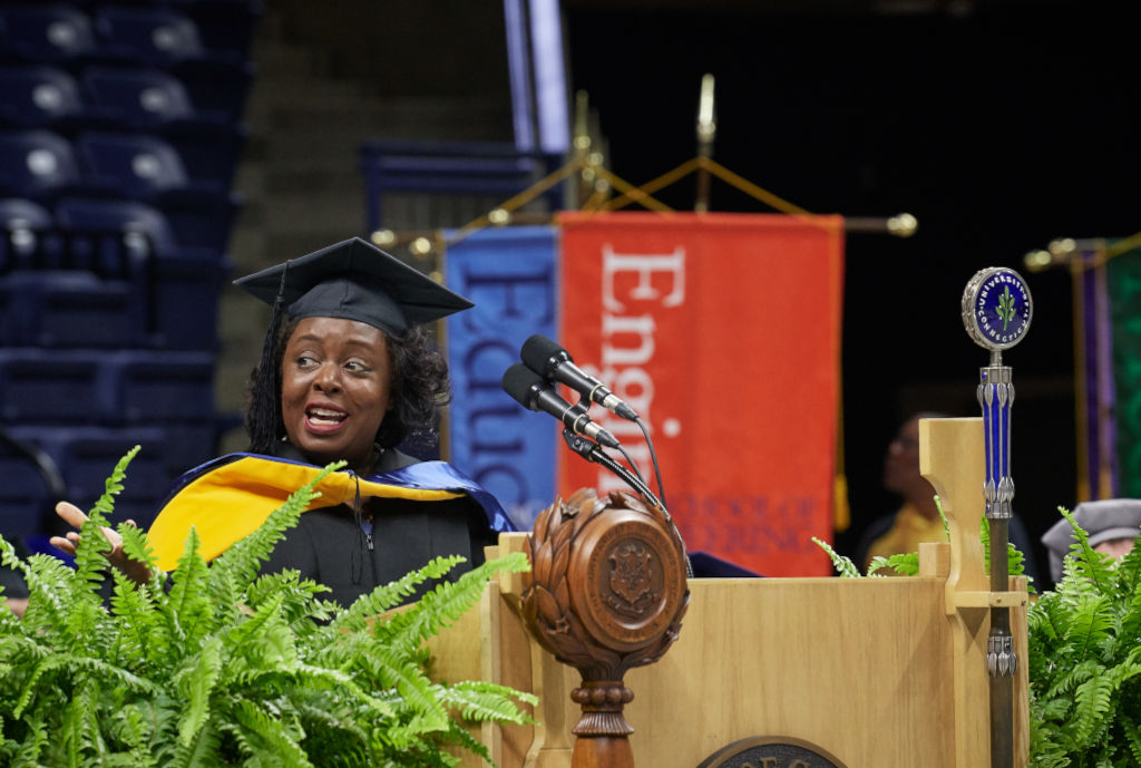 Kimberly Bryant, founder and executive director of Black Girls Code, gives the address at the  School of Engineering Commencement ceremony at Gampel Pavilion on May 5, 2018. 